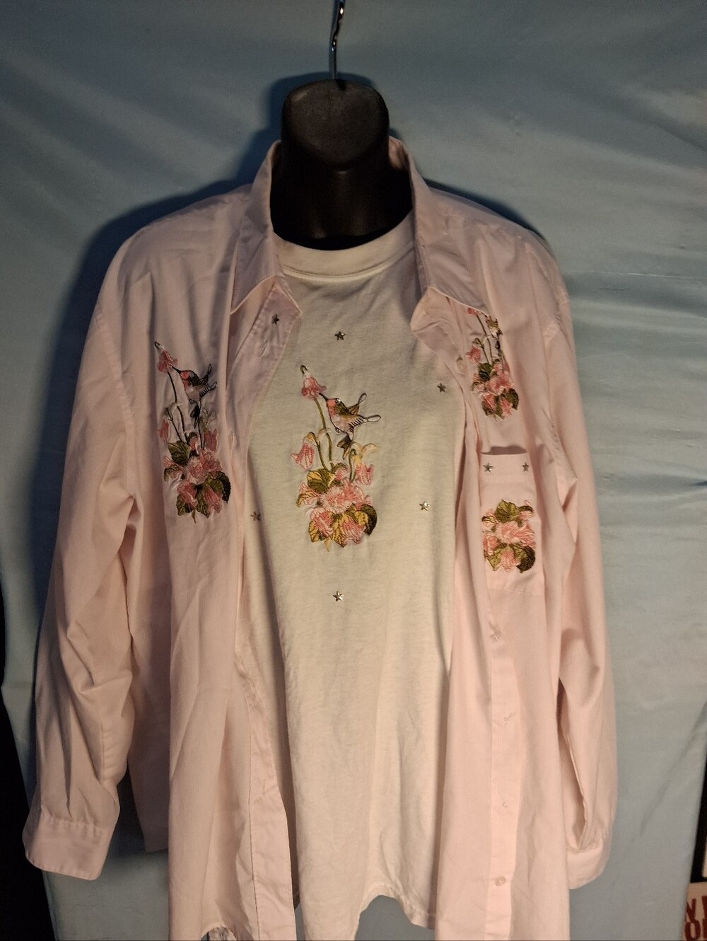 Vintage Fairycore Hummingbird Las Olas Embroidered Shirt set Tee and Button up